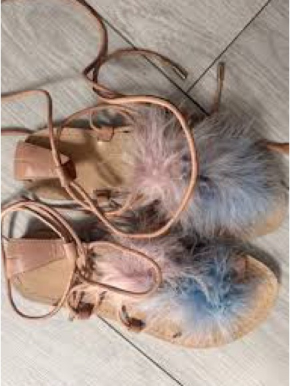 Zara Blush Pink Lace-Up Sandals with Pastel Fur Poms - Picture 2 of 3